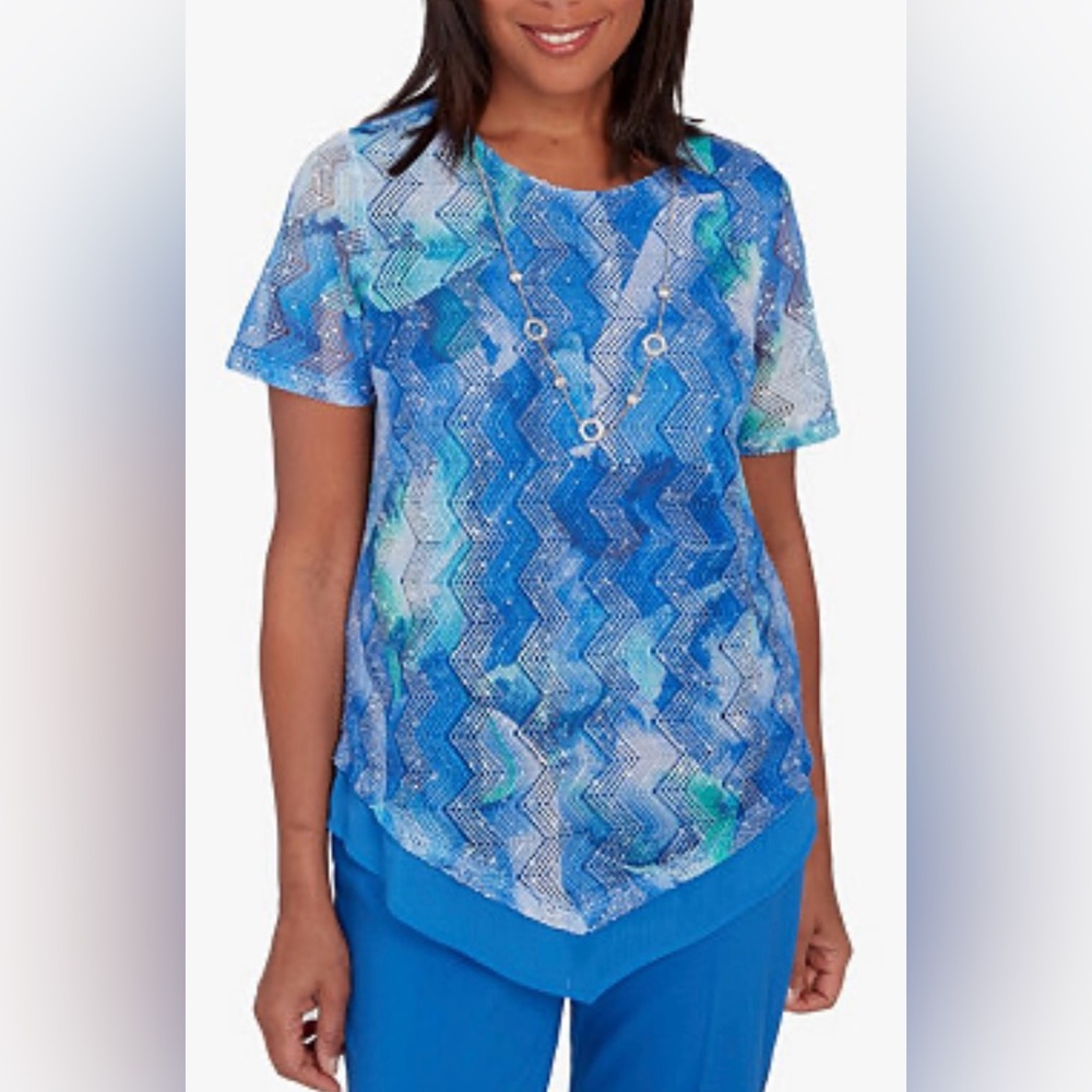 NWT Alfred Dunner Women's Neptune Beach Textured Top‎ with Necklace - Size 1X